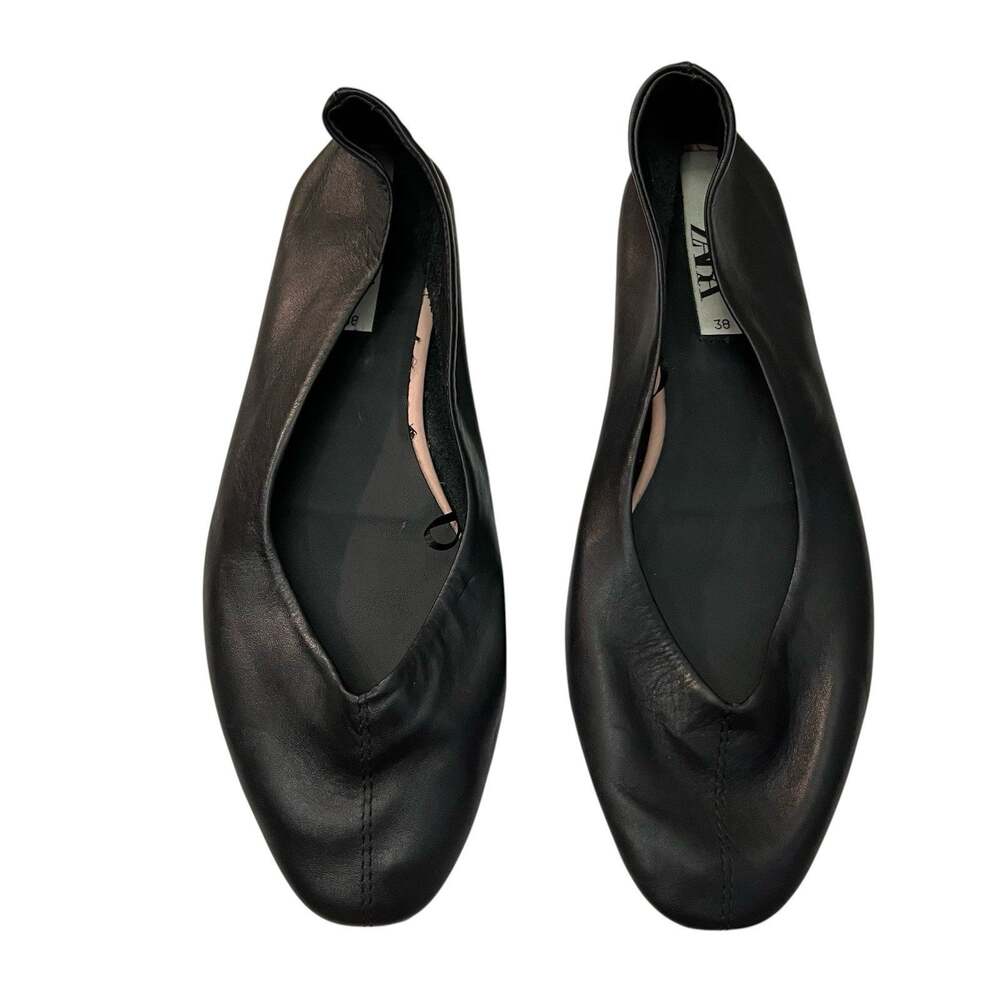 Zara Leather Ballet Flats Size 38EU 7.5US Black Square Toe V Shaped Minimalist